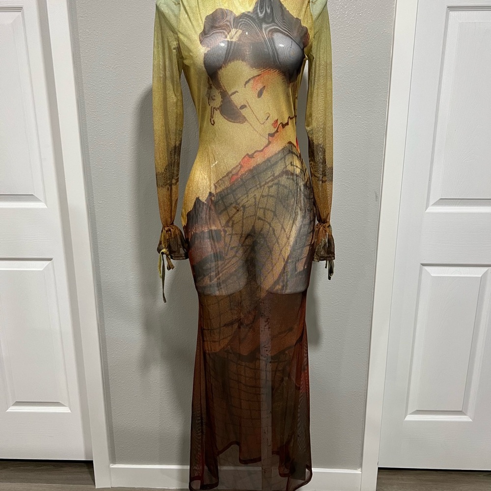 Sheer Long Sleeve Maxi Dress with Artistic Print